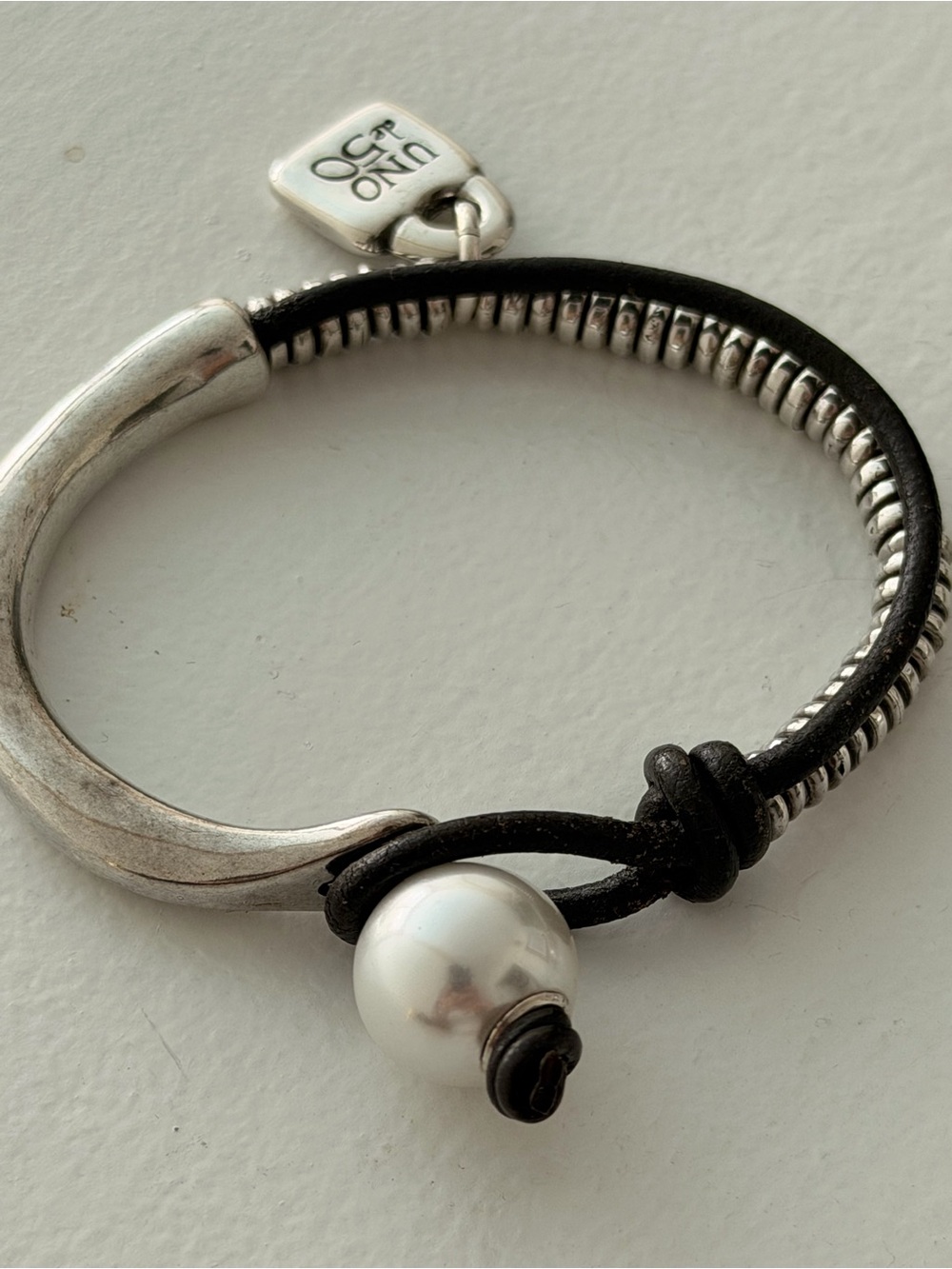 UNO de 50 Black Leather Bracelet with White Pearl & Silver Accents
